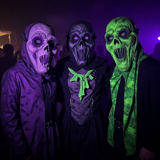 Photograph of three people wearing glowing, skeletal masks in purple, black, and green, standing closely together in a dark, dimly lit room with