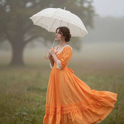 Photograph of a young woman in an orange Victorian-style dress holding a white lace umbrella, standing in a misty, grassy field with a large