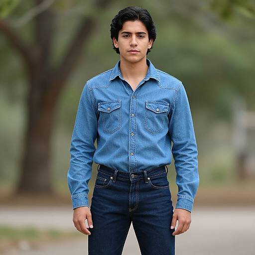 Photograph of a young man with medium skin tone, black wavy hair, wearing a blue denim shirt and black jeans, standing in a blurred,