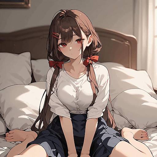 Anime Girl Sitting Indoors with Ribbon