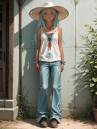 Digital anime-style drawing of a slender, blue-haired girl wearing a white hat, sleeveless top, and blue jeans, standing against a sunlit wall