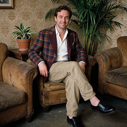Photograph of a smiling man with curly brown hair, wearing a plaid blazer, white shirt, beige pants, and black shoes, sitting on
