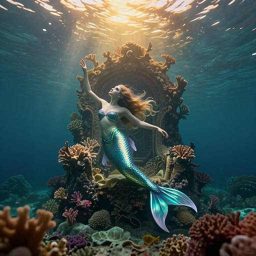 Photograph of a shimmering blue-green mermaid with flowing red hair, arms raised, floating above a coral throne in a sunlit underwater scene.