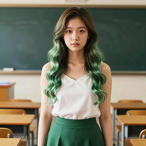 Photograph of an East Asian woman with long, wavy green and brown hair, wearing a white sleeveless top and green skirt, standing in a