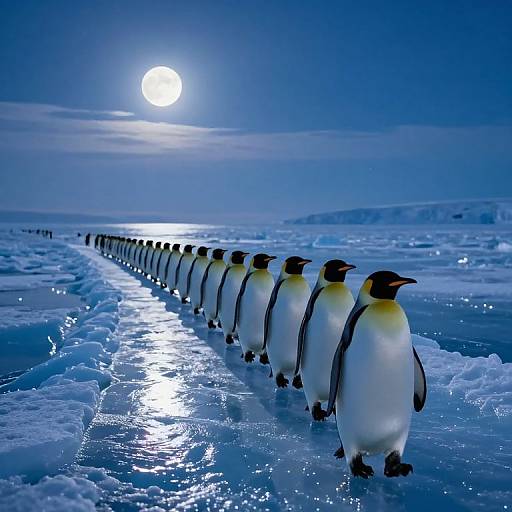 Photograph of a single file line of penguins walking on a glowing, icy path under a bright full moon in a deep blue night sky.