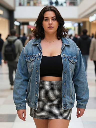 Photograph of a young woman with medium-length dark hair, wearing a blue denim jacket, black crop top, and black-and-white checkered mini skirt