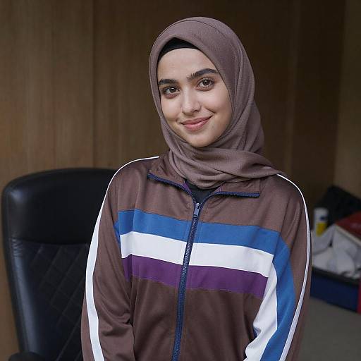 Photograph of a smiling young woman with light brown skin, brown eyes, wearing a brown hijab and brown jacket with blue, white, and purple
