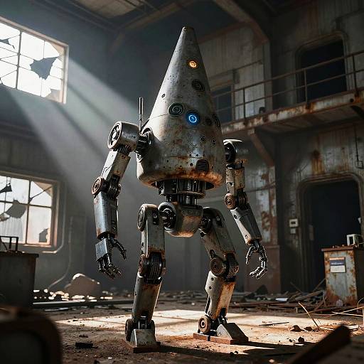 Photograph-style CGI of a metallic, cone-headed robot with glowing blue eyes, standing in a dimly lit, rusty, abandoned industrial warehouse with sunlight