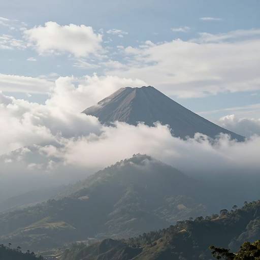 Towering Volcano in Misty Mountain Landscape