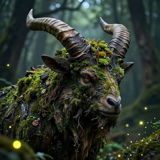 Digital artwork of a mystical, horned goat adorned with moss, fungi, and glowing fireflies in a dark, enchanted forest.