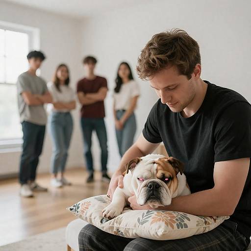Man Cradling Sleeping Bulldog on Pillow