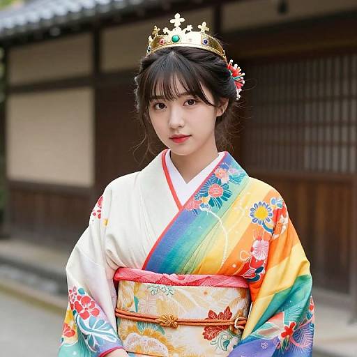 Woman in Rainbow Kimono with Crown
