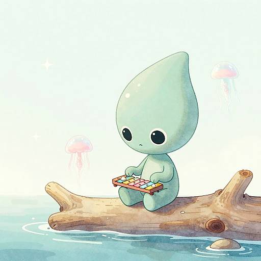 Whimsical Alien Playing Seashell Xylophone