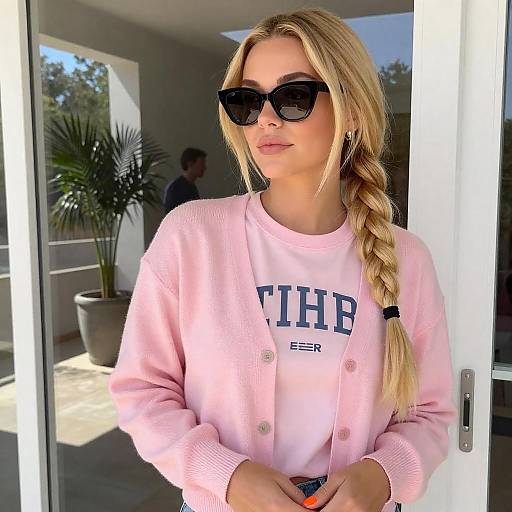 Blonde Woman in Pink Cardigan with Sunglasses