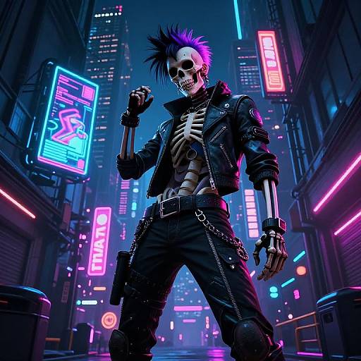 Cyberpunk Skeleton in Neon City