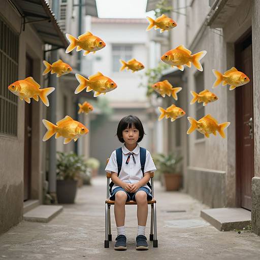 Photograph of an Asian boy with black hair, wearing a white shirt, blue shorts, and suspenders, sitting in a wheelchair, surrounded by floating