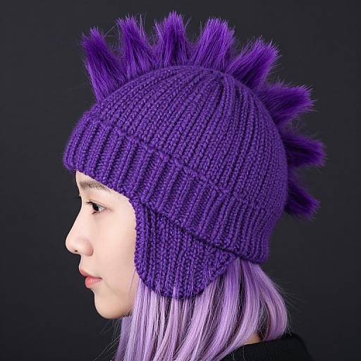 Photograph of a pale-skinned woman with purple hair wearing a knitted purple hat with spiky accents, profile view, black background.