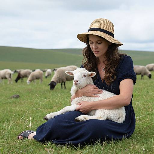 Photograph of a woman with long brown hair and a straw hat, sitting on grass, cradling a white lamb, with a flock of sheep