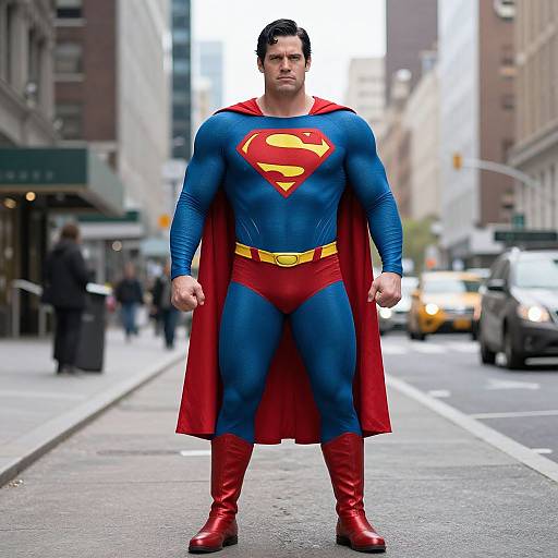 Photograph of a muscular man in a Superman costume standing confidently on a city street, with blurred buildings and traffic in the background. Red cape, blue