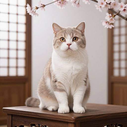 Photograph of a gray and white tabby cat with yellow eyes, sitting on a wooden table, surrounded by cherry blossoms and wooden doors.