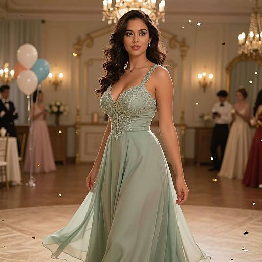 Photograph of a curvy woman with long black hair in a light green, lace-trimmed, V-neck gown, standing confidently in an elegant