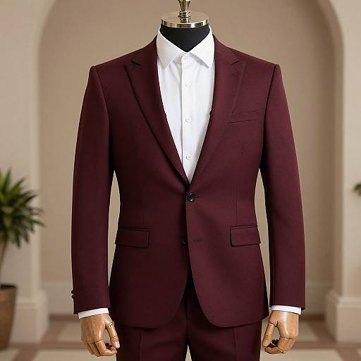 Photograph of a headless mannequin in a dark maroon suit with a white dress shirt, standing in an arched, well-lit