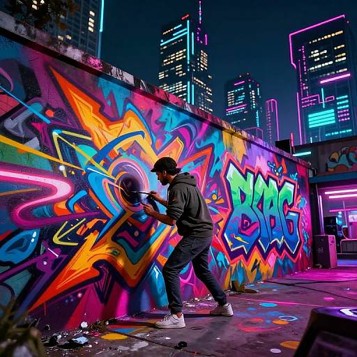 Photograph of a male graffiti artist in a neon-lit urban alley, painting vibrant, colorful graffiti on a concrete wall at night. City skyscrap