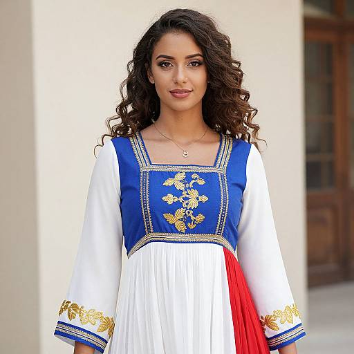 Curly Haired Woman in Embroidered Dress