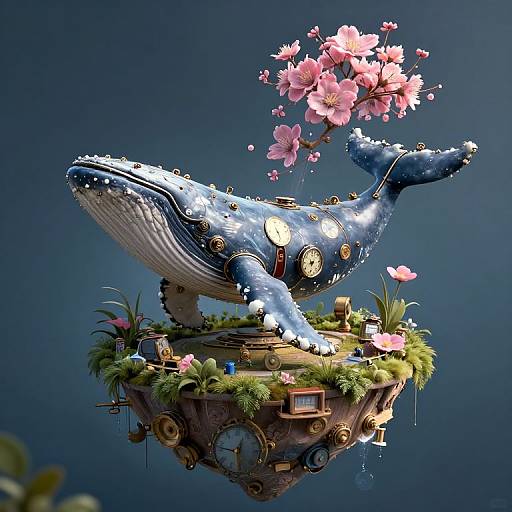 Whimsical CGI of a steampunk-style blue whale adorned with gears and flowers, floating on a grassy, flower-decorated island against