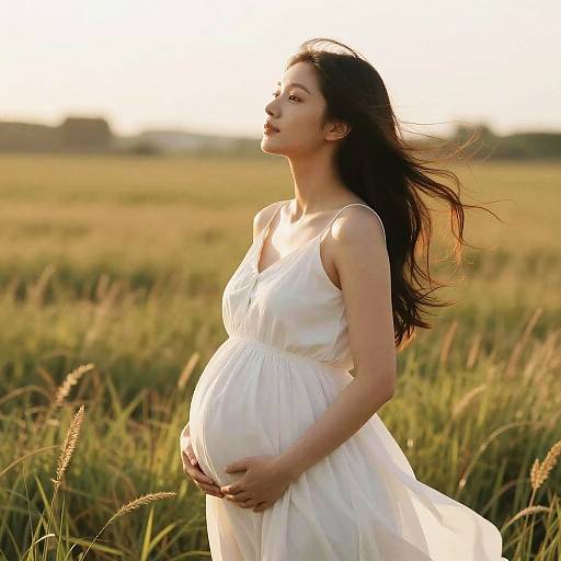 Pregnant Asian woman in white dress, long black hair, standing in golden wheat field, sunlight backlighting, serene expression, gentle breeze. Photograph