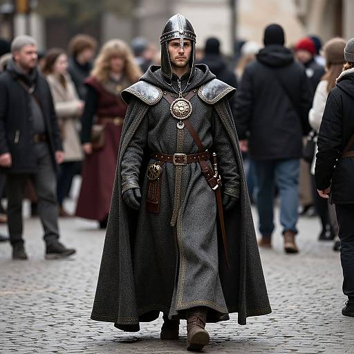 Photograph of a stern, young man in medieval armor, standing on a cobblestone street, surrounded by blurred pedestrians in winter clothing.