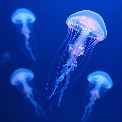 Photograph of glowing blue jellyfish with translucent, umbrella-shaped bodies and long, flowing tentacles against a deep blue underwater background.