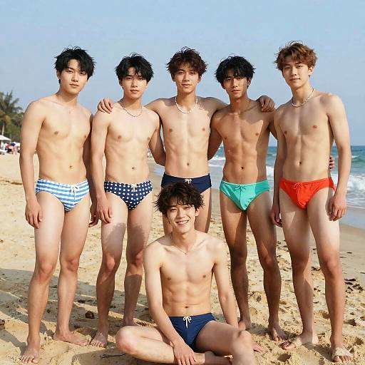 Confident Boys in Bikinis at Beach