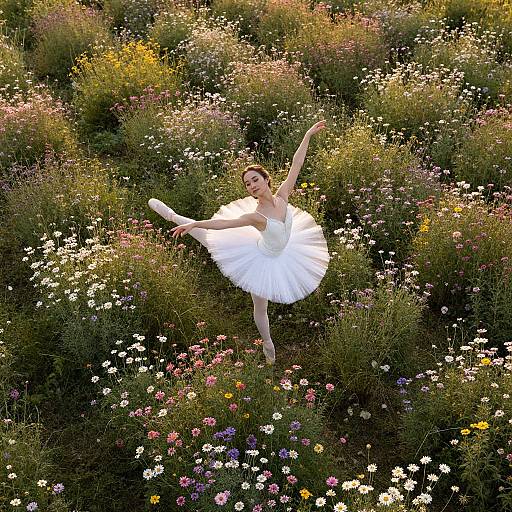 Photograph of a ballet dancer in a white tutu, gracefully posing amidst a vibrant, colorful meadow filled with wildflowers.