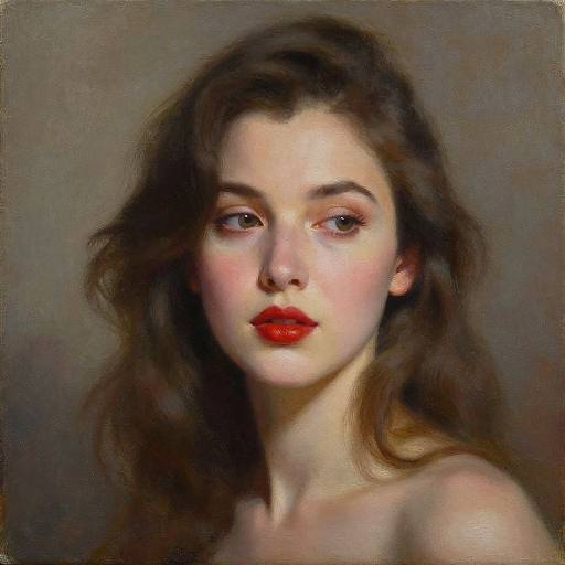 Digital portrait of a fair-skinned woman with wavy brown hair, red lipstick, and soft, contemplative expression against a muted gray background.