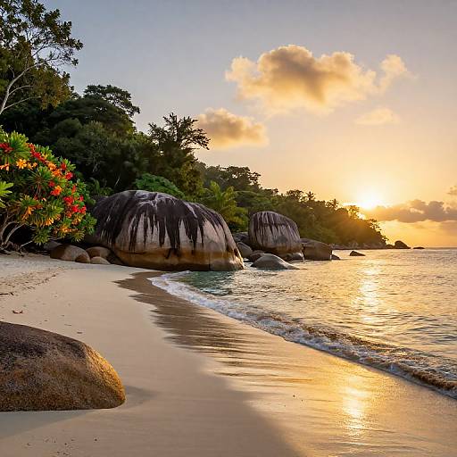 Photograph of a tropical beach at sunset, with golden sunlight reflecting off the water, large smooth rocks, lush green trees, and vibrant red flowers in