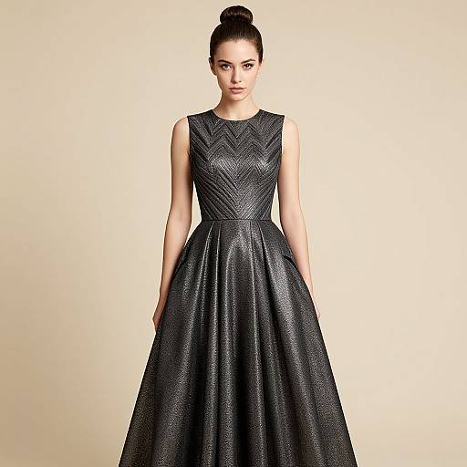 Photograph of a fair-skinned woman with a high bun, wearing a sleeveless, black, textured, full-skirted gown, standing against