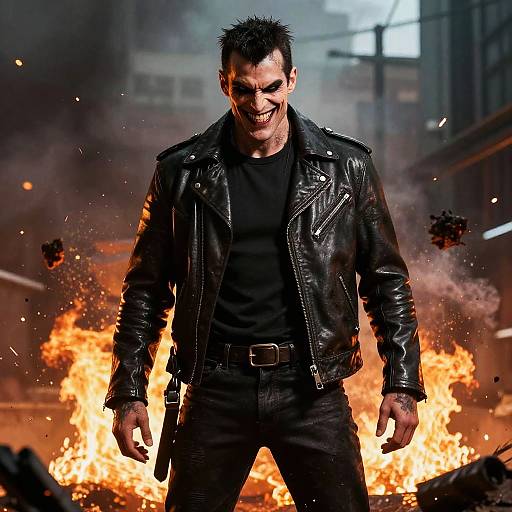 Menacing Villain in Fiery Urban Scene