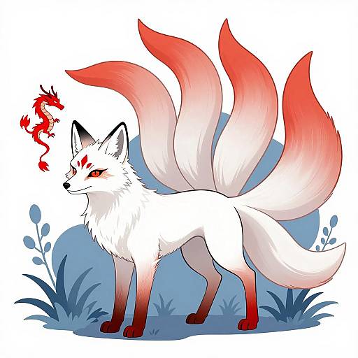 Whimsical Nine-Tailed Fox Illustration
