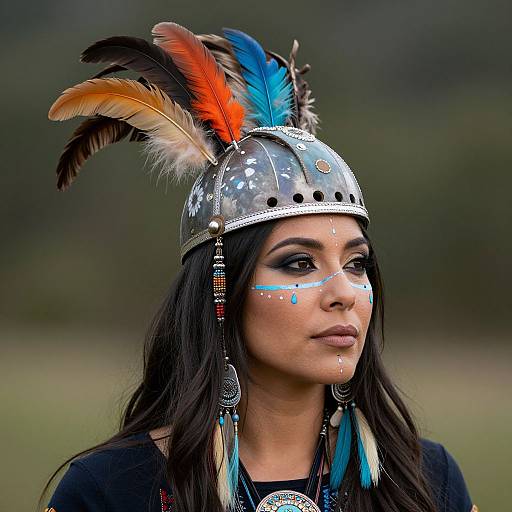 Photograph of a woman with medium brown skin, black hair, wearing a silver helmet with colorful feathers, blue face paint, and turquoise earrings, set