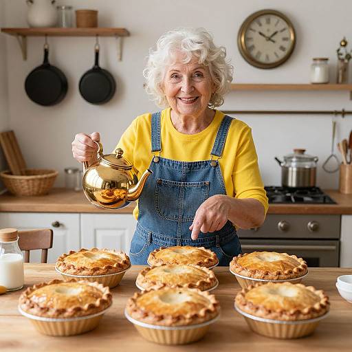 Photograph of an elderly woman with curly white hair, wearing yellow shirt and blue denim apron, smiling while pouring from a golden teapot over freshly