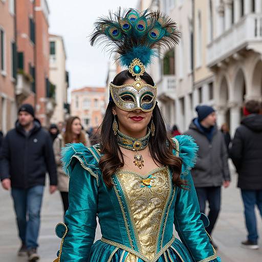 Photograph of a woman in elaborate Venetian masquerade attire with peacock-feathered headdress, teal and gold costume, and silver