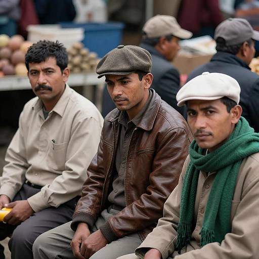 Serious Men in Busy Market Scene