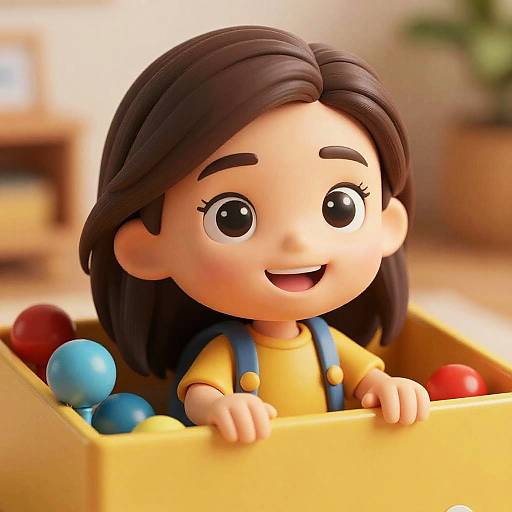 3D CGI image of a cute, smiling girl with brown hair in yellow shirt and blue overalls, playfully holding colorful balls in a yellow box