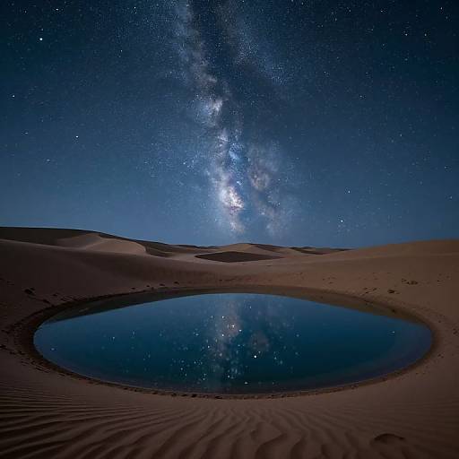 Photograph of a starry night sky over a desert with a reflective, circular oasis, Milky Way galaxy prominently visible.