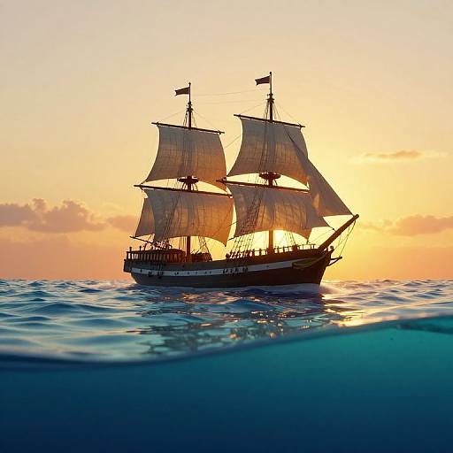 Vintage Sailing Ship at Golden Sunset