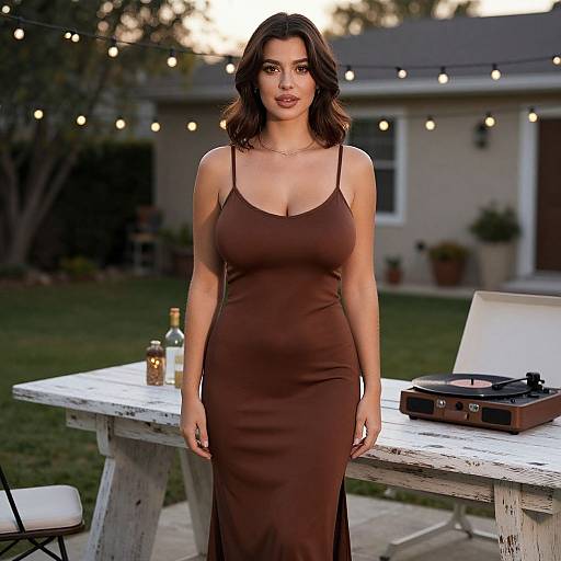Photograph of curvy woman with dark wavy hair, wearing a brown, spaghetti-strap dress, standing by a wooden patio table with string lights