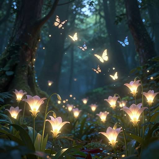 Mystical Forest with Glowing Inverse Flowers and Luminous Butterflies