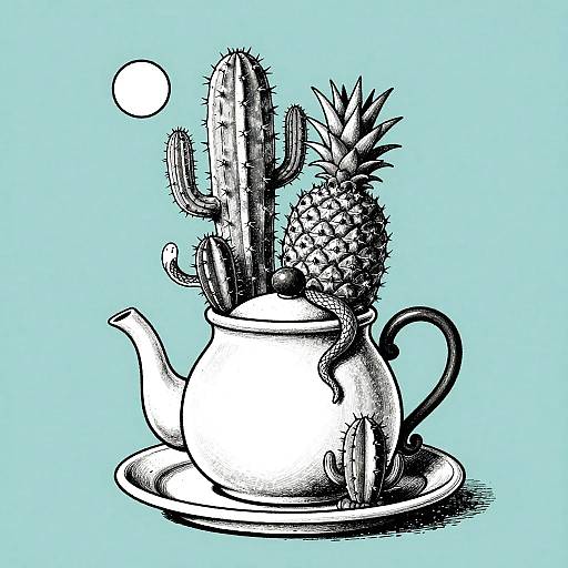 Whimsical Teapot with Cacti and Snake