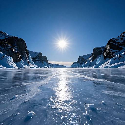 Photograph of a frozen, icy landscape with bright sunlight reflecting off the ice, surrounded by snow-covered cliffs under a clear blue sky.